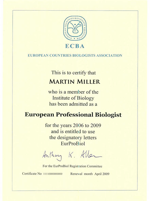The EurProBiol Certificate EurProBiol Certificate